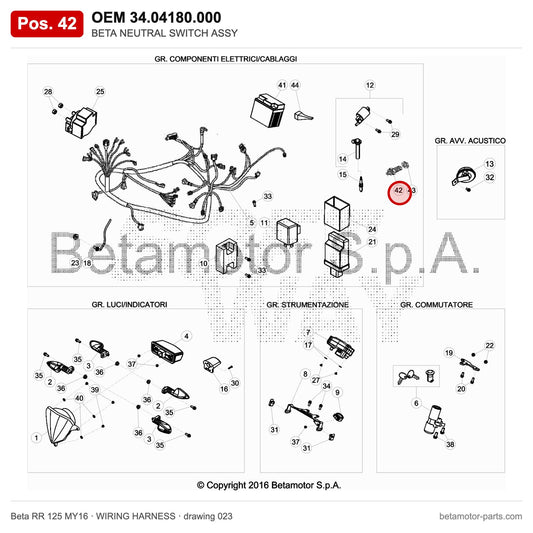 BETA NEUTRAL SWITCH ASSY – OEM 34.04180.000, position 42 on the Beta RR 125 MY16 wiring harness drawing