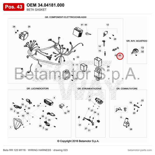 BETA GASKET – OEM 34.04181.000, position 43 on the Beta RR 125 MY16 wiring harness drawing