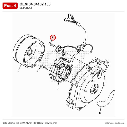 BETA BOLT – OEM 34.04182.100, position 4 on the Beta URBAN 125 MY11-MY12 ignition drawing