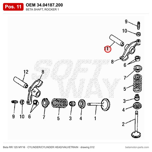 BETA SHAFT, ROCKER 1 – OEM 34.04187.200, position 11 on the Beta RR 125 MY16 cylinder/cylinder head/valvetrain drawing