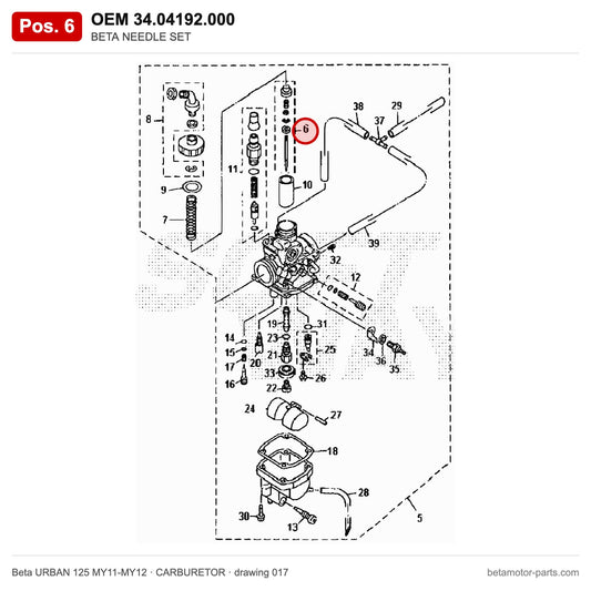 BETA NEEDLE SET – OEM 34.04192.000, position 6 on the Beta URBAN 125 MY11-MY12 carburetor drawing
