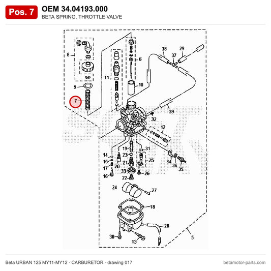 BETA SPRING, THROTTLE VALVE – OEM 34.04193.000, position 7 on the Beta URBAN 125 MY11-MY12 carburetor drawing