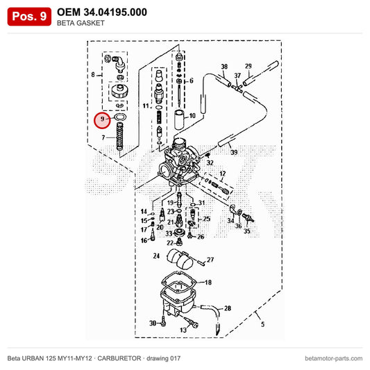 BETA GASKET – OEM 34.04195.000, position 9 on the Beta URBAN 125 MY11-MY12 carburetor drawing
