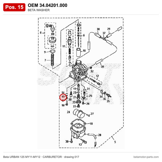 BETA WASHER – OEM 34.04201.000, position 15 on the Beta URBAN 125 MY11-MY12 carburetor drawing