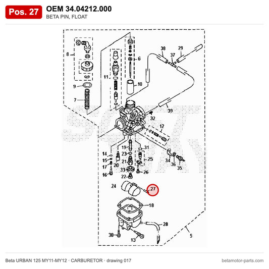 BETA PIN, FLOAT – OEM 34.04212.000, position 27 on the Beta URBAN 125 MY11-MY12 carburetor drawing