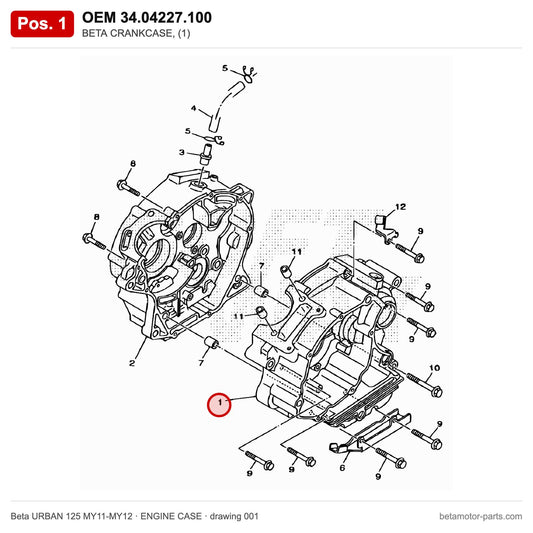 BETA CRANKCASE, (1) – OEM 34.04227.100, position 1 on the Beta URBAN 125 MY11-MY12 engine case drawing