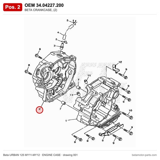 BETA CRANKCASE, (2) – OEM 34.04227.200, position 2 on the Beta URBAN 125 MY11-MY12 engine case drawing