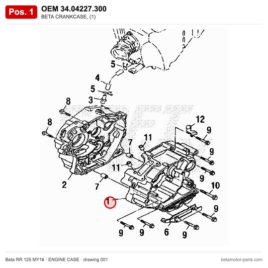 BETA CRANKCASE, (1) – OEM 34.04227.300, position 1 on the Beta RR 125 MY16 engine case drawing