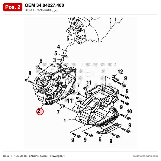 BETA CRANKCASE, (2) – OEM 34.04227.400, position 2 on the Beta RR 125 MY16 engine case drawing