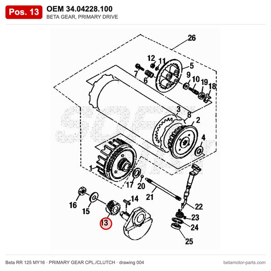 BETA GEAR, PRIMARY DRIVE – OEM 34.04228.100, position 13 on the Beta RR 125 MY16 primary gear cpl./clutch drawing