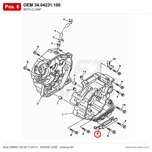 BETA CLAMP – OEM 34.04231.100, position 6 on the Beta URBAN 125 MY11-MY12 engine case drawing