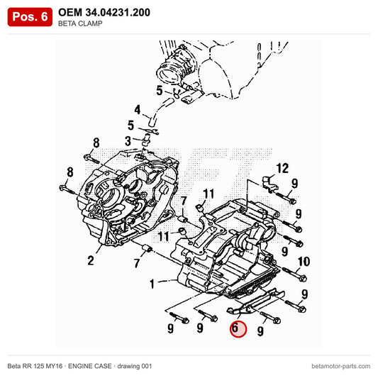 BETA CLAMP – OEM 34.04231.200, position 6 on the Beta RR 125 MY16 engine case drawing