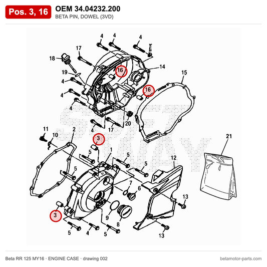 BETA PIN, DOWEL (3VD) – OEM 34.04232.200, positions 3,16 on the Beta RR 125 MY16 engine case drawing