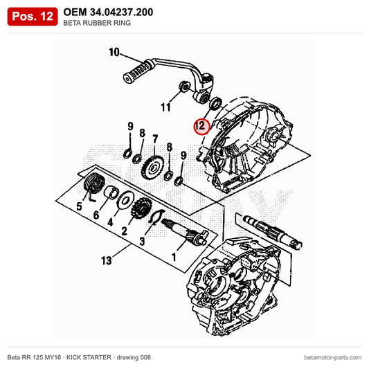 BETA RUBBER RING – OEM 34.04237.200, position 12 on the Beta RR 125 MY16 kick starter drawing