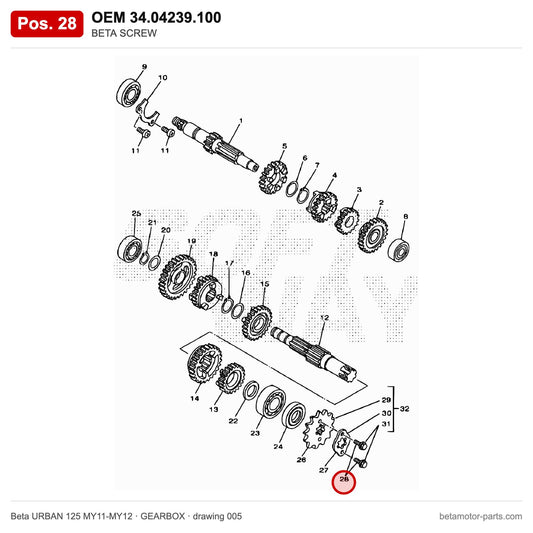 BETA SCREW – OEM 34.04239.100, position 28 on the Beta URBAN 125 MY11-MY12 gearbox drawing