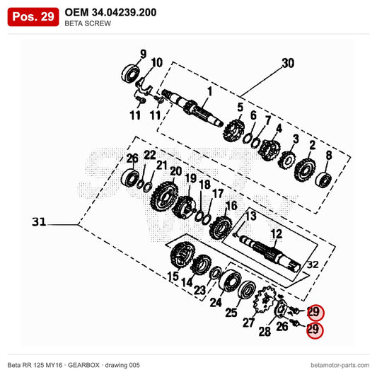 BETA SCREW – OEM 34.04239.200, position 29 on the Beta RR 125 MY16 gearbox drawing