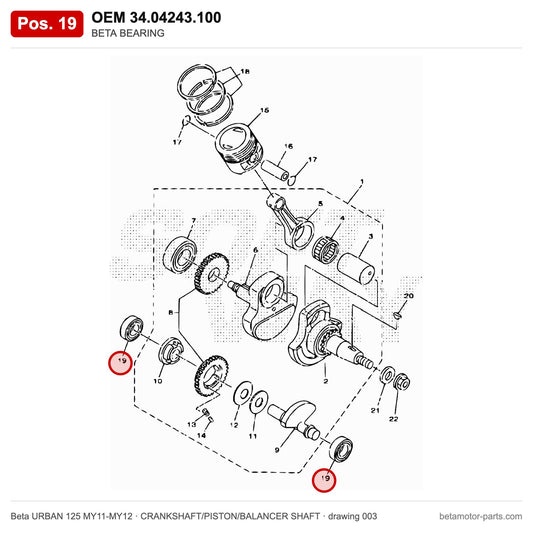 BETA BEARING – OEM 34.04243.100, position 19 on the Beta URBAN 125 MY11-MY12 crankshaft/piston/balancer shaft drawing