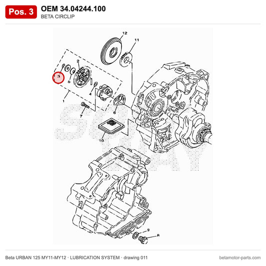 BETA CIRCLIP – OEM 34.04244.100, position 3 on the Beta URBAN 125 MY11-MY12 lubrication system drawing