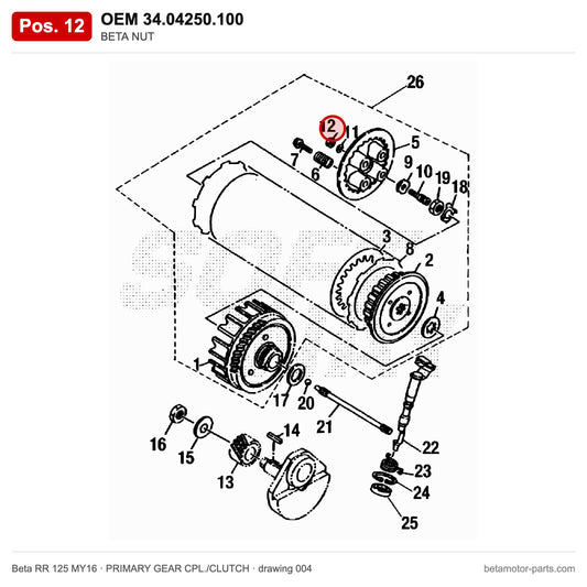 BETA NUT – OEM 34.04250.100, position 12 on the Beta RR 125 MY16 primary gear cpl./clutch drawing