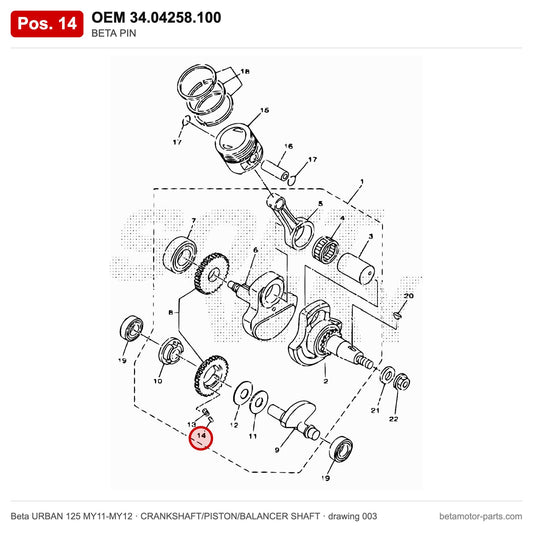 BETA PIN – OEM 34.04258.100, position 14 on the Beta URBAN 125 MY11-MY12 crankshaft/piston/balancer shaft drawing