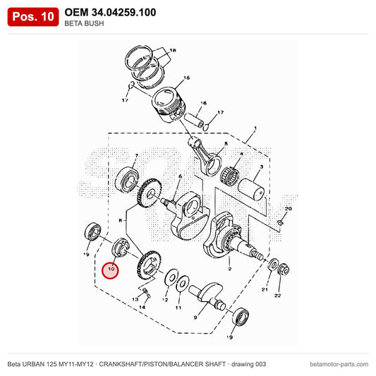 BETA BUSH – OEM 34.04259.100, position 10 on the Beta URBAN 125 MY11-MY12 crankshaft/piston/balancer shaft drawing