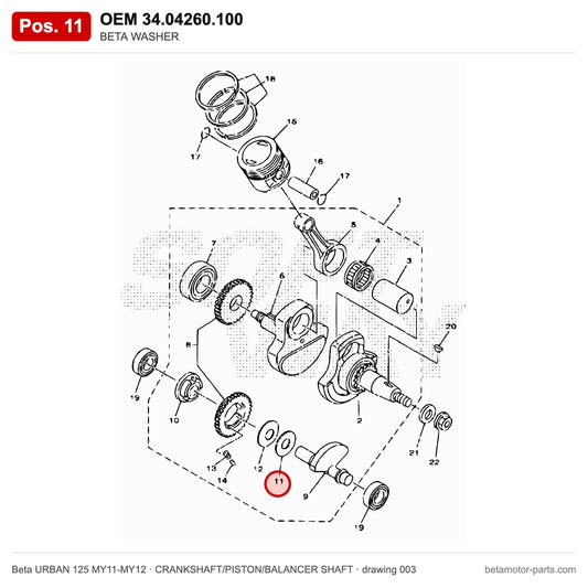 BETA WASHER – OEM 34.04260.100, position 11 on the Beta URBAN 125 MY11-MY12 crankshaft/piston/balancer shaft drawing