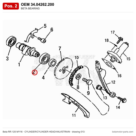 BETA BEARING – OEM 34.04262.200, position 2 on the Beta RR 125 MY16 cylinder/cylinder head/valvetrain drawing