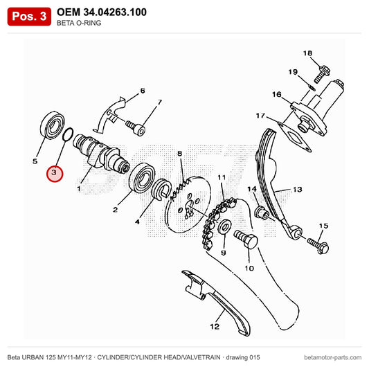 BETA O-RING – OEM 34.04263.100, position 3 on the Beta URBAN 125 MY11-MY12 cylinder/cylinder head/valvetrain drawing