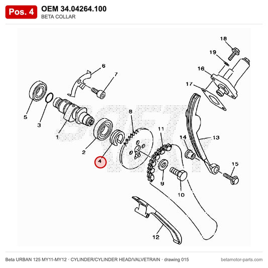 BETA COLLAR – OEM 34.04264.100, position 4 on the Beta URBAN 125 MY11-MY12 cylinder/cylinder head/valvetrain drawing