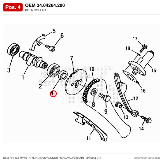 BETA COLLAR – OEM 34.04264.200, position 4 on the Beta RR 125 MY16 cylinder/cylinder head/valvetrain drawing