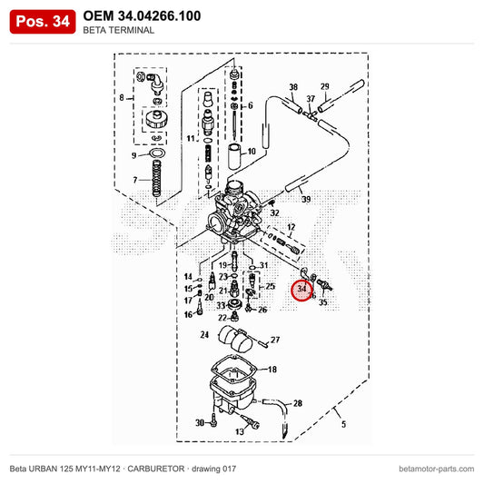 BETA TERMINAL – OEM 34.04266.100, position 34 on the Beta URBAN 125 MY11-MY12 carburetor drawing