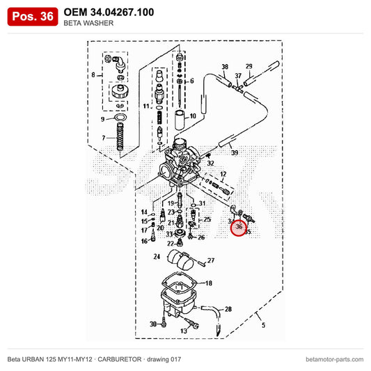 BETA WASHER – OEM 34.04267.100, position 36 on the Beta URBAN 125 MY11-MY12 carburetor drawing