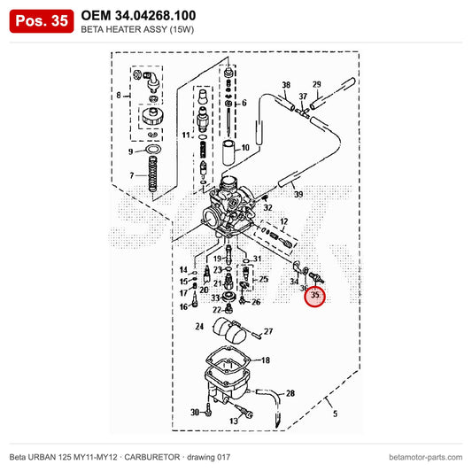 BETA HEATER ASSY (15W) – OEM 34.04268.100, position 35 on the Beta URBAN 125 MY11-MY12 carburetor drawing