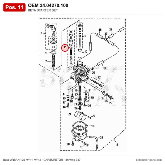 BETA STARTER SET – OEM 34.04270.100, position 11 on the Beta URBAN 125 MY11-MY12 carburetor drawing