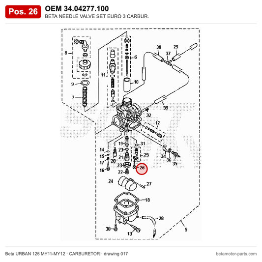 BETA NEEDLE VALVE SET EURO 3 CARBUR. – OEM 34.04277.100, position 26 on the Beta URBAN 125 MY11-MY12 carburetor drawing