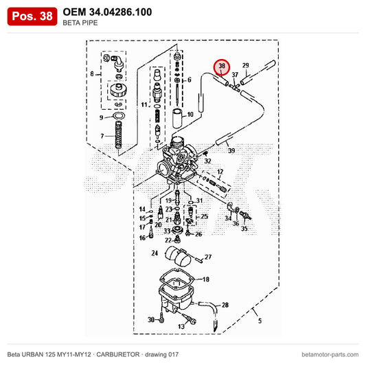 BETA PIPE – OEM 34.04286.100, position 38 on the Beta URBAN 125 MY11-MY12 carburetor drawing