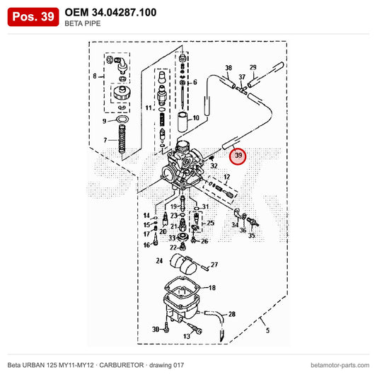 BETA PIPE – OEM 34.04287.100, position 39 on the Beta URBAN 125 MY11-MY12 carburetor drawing