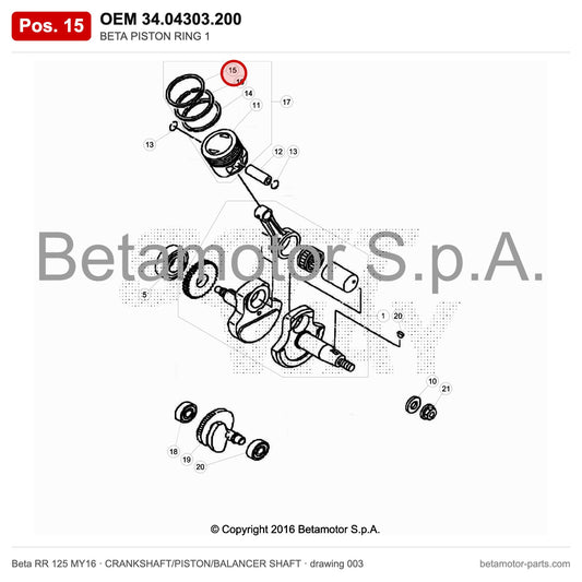 BETA PISTON RING 1 – OEM 34.04303.200, position 15 on the Beta RR 125 MY16 crankshaft/piston/balancer shaft drawing