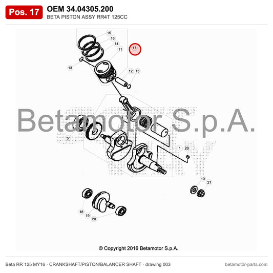 BETA PISTON ASSY RR4T 125CC – OEM 34.04305.200, position 17 on the Beta RR 125 MY16 crankshaft/piston/balancer shaft drawing