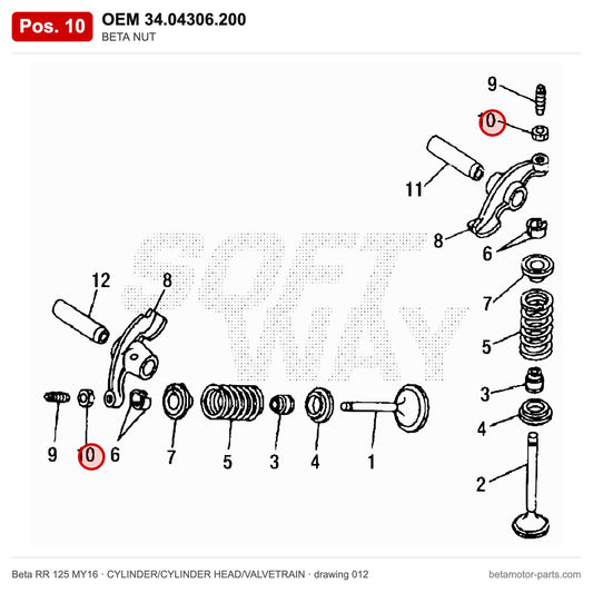 BETA NUT – OEM 34.04306.200, position 10 on the Beta RR 125 MY16 cylinder/cylinder head/valvetrain drawing