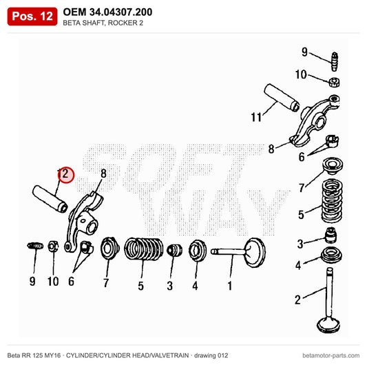 BETA SHAFT, ROCKER 2 – OEM 34.04307.200, position 12 on the Beta RR 125 MY16 cylinder/cylinder head/valvetrain drawing