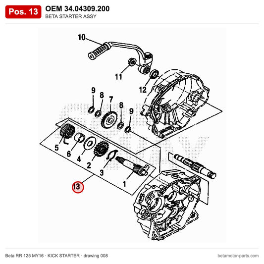 BETA STARTER ASSY – OEM 34.04309.200, position 13 on the Beta RR 125 MY16 kick starter drawing