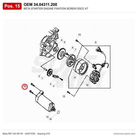 BETA STARTER ENGINE FIXATION SCREW125CC 4T – OEM 34.04311.200, position 15 on the Beta RR 125 MY16 ignition drawing