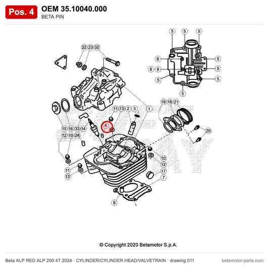 BETA PIN – OEM 35.10040.000, position 4 on the Beta ALP RED ALP 200 4T 2024 cylinder/cylinder head/valvetrain drawing