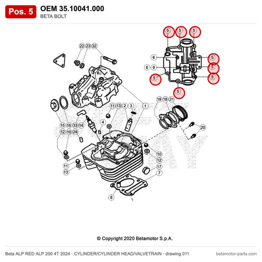 BETA BOLT – OEM 35.10041.000, position 5 on the Beta ALP RED ALP 200 4T 2024 cylinder/cylinder head/valvetrain drawing