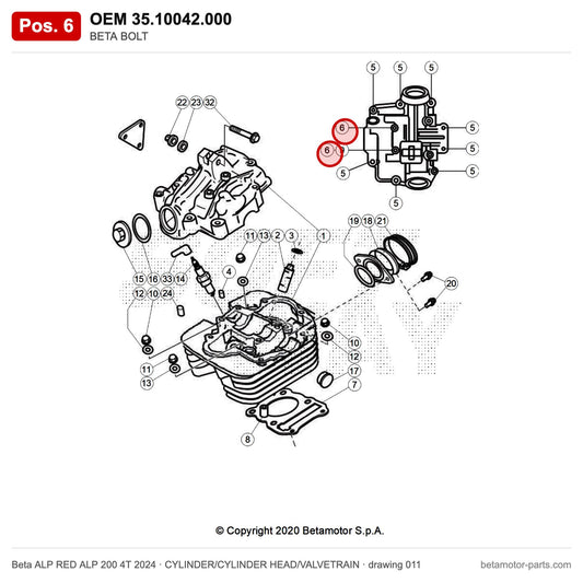BETA BOLT – OEM 35.10042.000, position 6 on the Beta ALP RED ALP 200 4T 2024 cylinder/cylinder head/valvetrain drawing