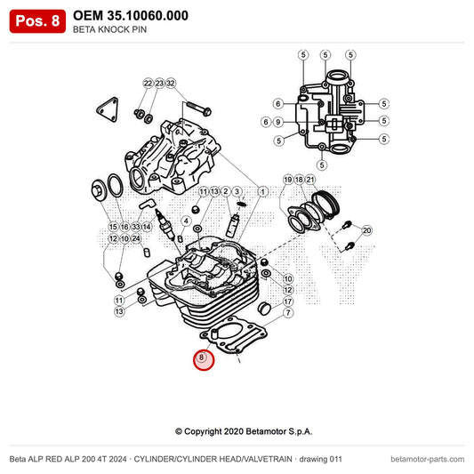 BETA KNOCK PIN – OEM 35.10060.000, position 8 on the Beta ALP RED ALP 200 4T 2024 cylinder/cylinder head/valvetrain drawing