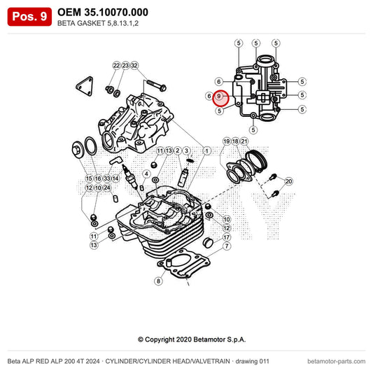 BETA GASKET 5,8.13.1,2 – OEM 35.10070.000, position 9 on the Beta ALP RED ALP 200 4T 2024 cylinder/cylinder head/valvetrain drawing