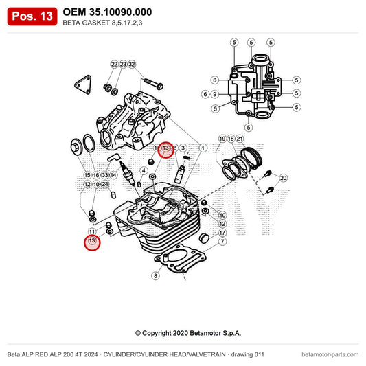 BETA GASKET 8,5.17.2,3 – OEM 35.10090.000, position 13 on the Beta ALP RED ALP 200 4T 2024 cylinder/cylinder head/valvetrain drawing