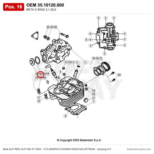 BETA O RING 3,1.29,5 – OEM 35.10120.000, position 16 on the Beta ALP RED ALP 200 4T 2024 cylinder/cylinder head/valvetrain drawing